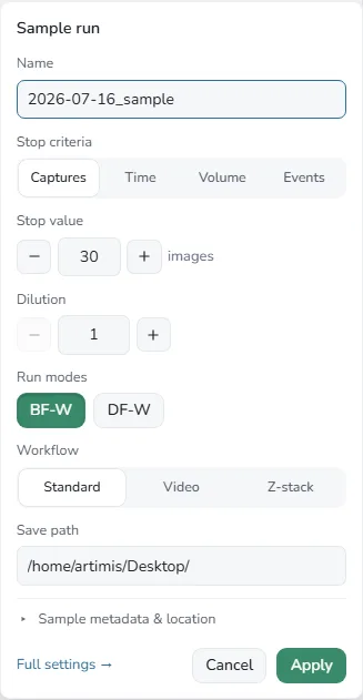The quick-configure panel for setting up a sample run